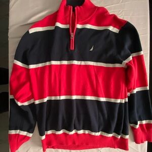 Nautica Men's Red and Navy Striped Zip-Up Sweater